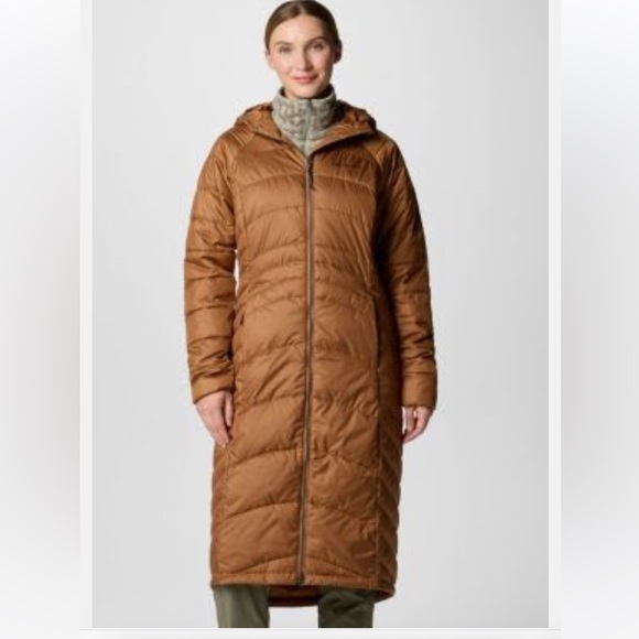Columbia Long Brown Puffer Coat quilted Karis Gale full length parka - Picture 1 of 7